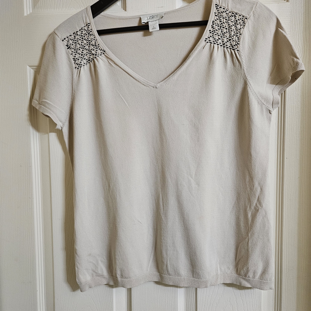 LOFT Cream Short Sleeve Top with Black Embroidery